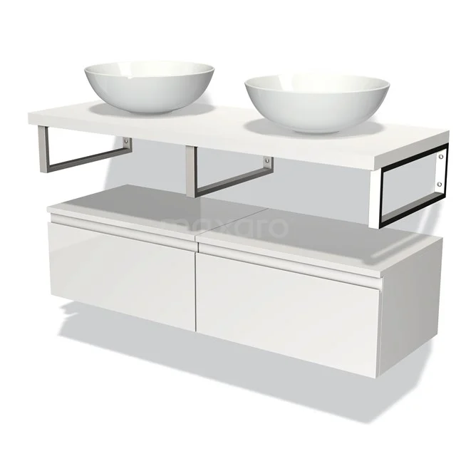 Weiße moderne Doppelwaschbeckenmöbel mit keramischen Aufsatzwaschbecken, Unterschrank und chromfarbenem Zubehör für stilvolle Bäder.