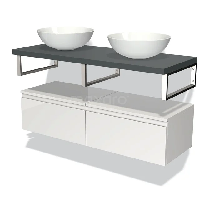 Badmöbel für Aufsatzwaschbecken 120 cm Modulo Plato Hochglanz Weiß 2 Schubladen Grifflos Dunkelgrau Platte BMK32-00646 Doppelwaschbecken mit runden weißen Schalen, schwarzer Platte und weißen Schubladen, modernes Design Badezimmermöbel aus Holz und Metall.