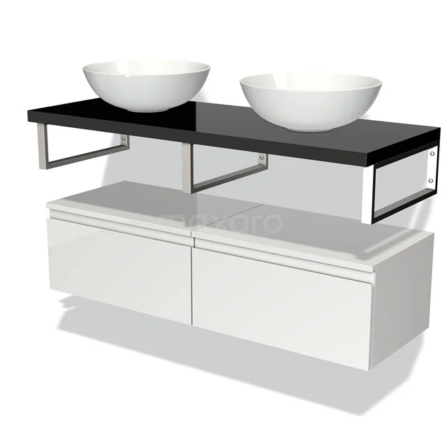 Weißes Badezimmermöbel mit schwarzer Platte, doppelten runden Aufsatzwaschbecken und metallischen Akzenten; modernes Design mit Schubladen.