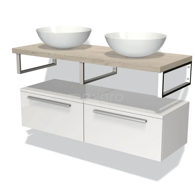 White bathroom unit with two sinks, wooden worktop and metal accents, ideal for a modern bathroom design.