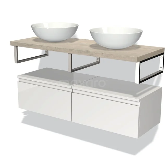 Modern weißes Badezimmermöbel mit doppelten Aufsatzwaschbecken, Holzplatte und metallischen Details; ideal für eine stilvolle Badezimmergestaltung.