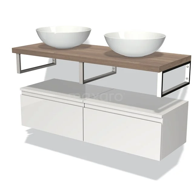 Moderne Badmöbelset, weiß mit Holzlook Platte und zwei runden Aufsatzwaschbecken, strakes Design und praktische Schubladen.