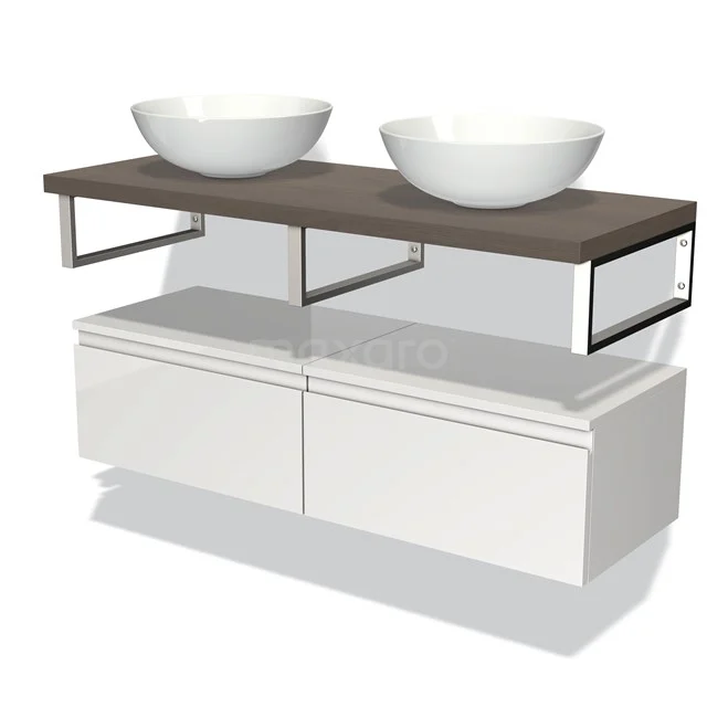 Waschtisch mit doppeltem runden Aufsatzwaschbecken, Holzlook Platte und weißen Schubladen, modernes Design für stilvolle Badezimmergestaltung.