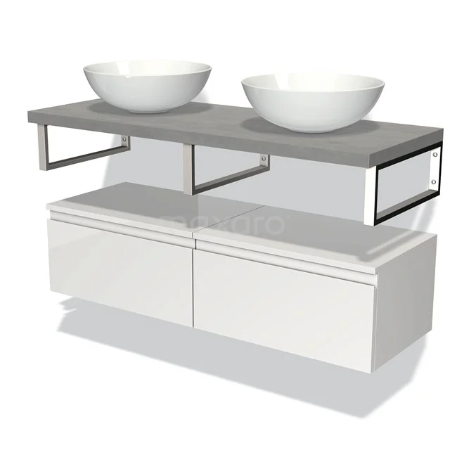Badmöbel für Aufsatzwaschbecken 120 cm Modulo Plato Hochglanz Weiß 2 Schubladen Grifflos Hellgrauer Beton Platte BMK32-00658 Doppelwaschtisch mit weißen keramischen Aufsatzwaschbecken, grauer Betonplatte und weißen Schubladen; modernes Badezimmerdesign.