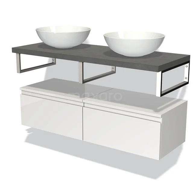Doppelte weiße keramische Aufsatzwaschbecken auf grauer Badmöbelset mit metallischen Details und modernen Aufbewahrungsmodulen.