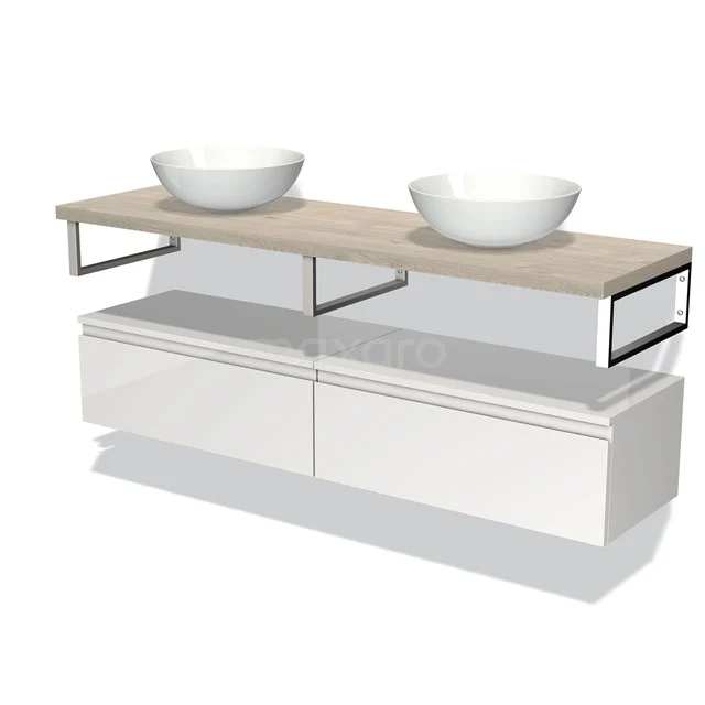 Badmöbel für Aufsatzwaschbecken 160 cm Modulo Plato Hochglanz Weiß 2 Schubladen Grifflos Hellgraue Eiche Platte BMK32-00672 Modern Badmöbel mit weißem Schubladenschrank, Holzlook Waschtischplatte und zwei runden Aufsatzwaschbecken, ideal für stilvolle Bäder.