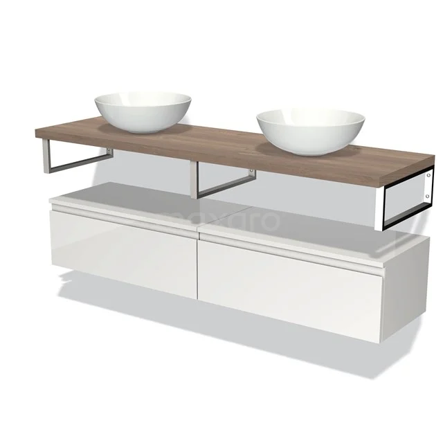 Wastafelmeubel met dubbele witte kommen, houten plank en witte lades, moderne badkamerstijl, metalen details.