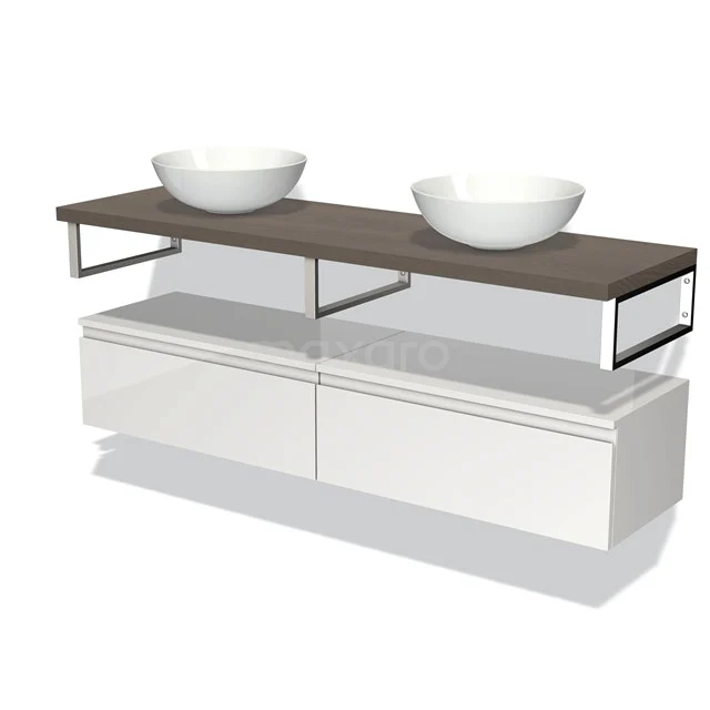 Moderne weiße Badmöbelset mit Holzplatte, doppelten Aufsatzwaschbecken und schickem Design, ideal für ein stilvolles Badezimmer.