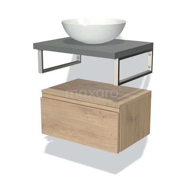Houten badkamermeubel met grijs blad, witte waskom en moderne metalen constructie, ideaal voor een stijlvolle badkamerinrichting.