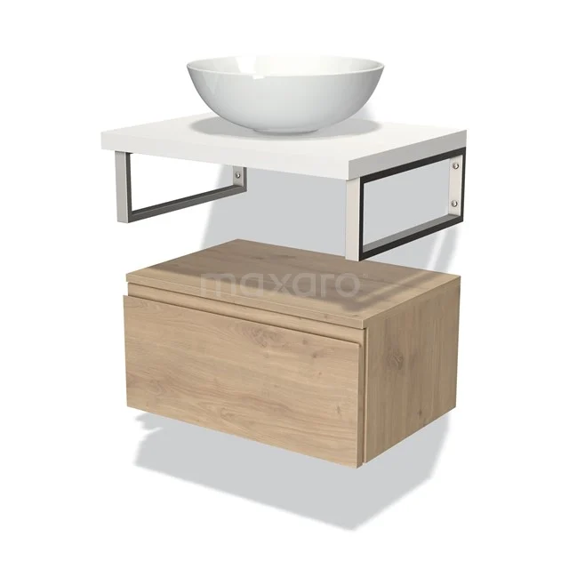 Houten badkamermeubel met witte wastafel, modern design, hangend met metalen frame en lade van licht eikenhout.