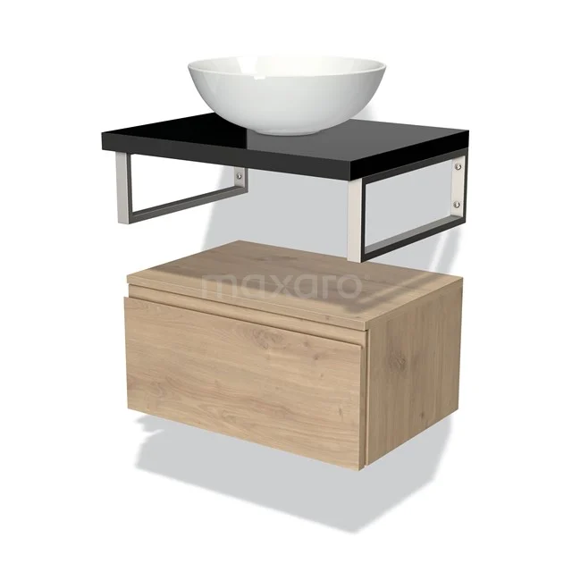 Houten badkamermeubelset met zwart blad, witte komvormige waskom en metalen details, modern design.