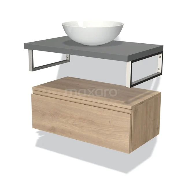 Houten badkamermeubel met grijs blad, rond wastafel in keramiek en metalen accenten, modern design.