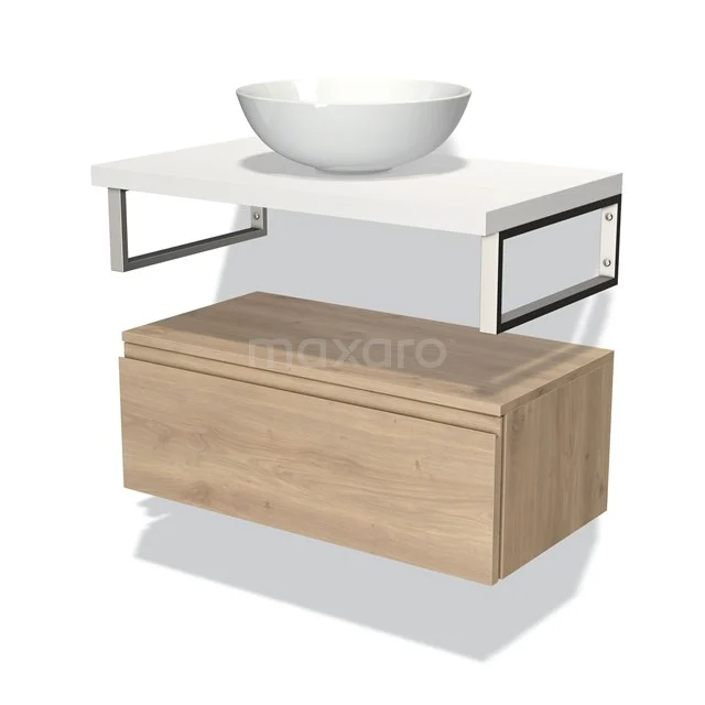 Modernes Badmöbel mit weißem rundem Aufsatzwaschbecken, Holzunterbau und Metallrahmen, ideal für zeitgenössischen Badezimmerstil.