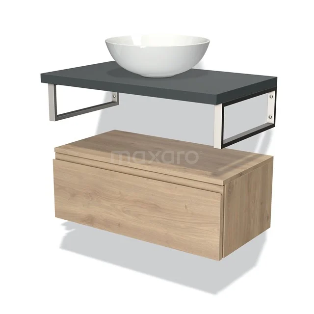 Holz-Badmöbel mit Natursteine Waschtischplatte und runder Aufsatzwaschbecken, modernes Design mit metallischen Details.