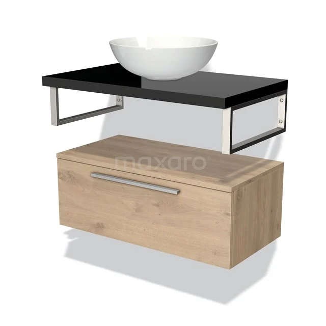 Modulo Plato Badmöbel mit Aufsatzwaschbecken | 80 cm Hellbraune Eiche Flach front Hochglanz Schwarz blatt Tief hängend BMK32-00707 Badmöbelset mit Waschbecken, Schwarz Glas Platte, Holz Unterkasten und modernen Metall Details. Minimalistisches und stilvolles Design.