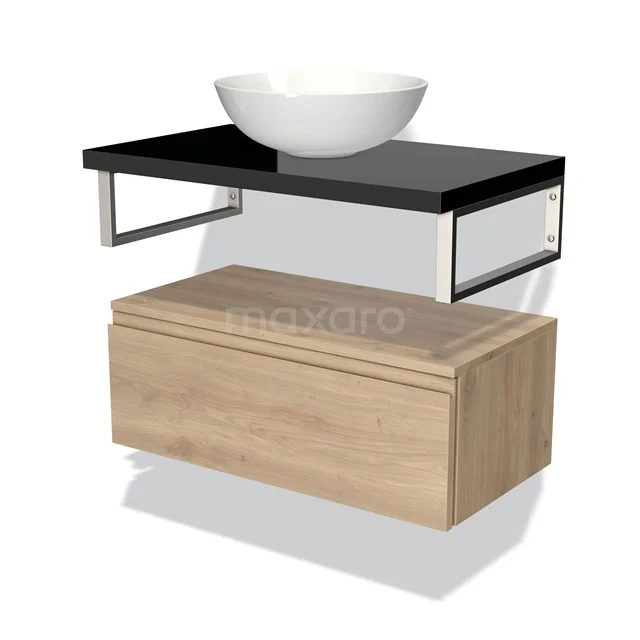 Holz Badezimmermöbel mit schwarzer Platte, chromfarbenen Halterungen und weißem keramischen Waschbecken; zeitgemäßes und stilvolles Design.