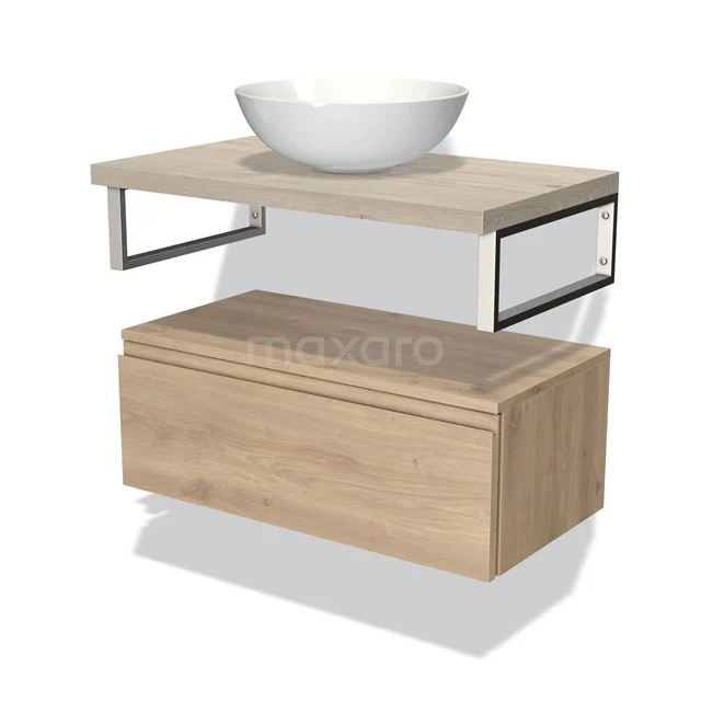 Holz-Badmöbel mit schwebendem Design, einschließlich weißem Aufsatzwaschbecken und offenem Metallrahmen. Modern und stilvoll.