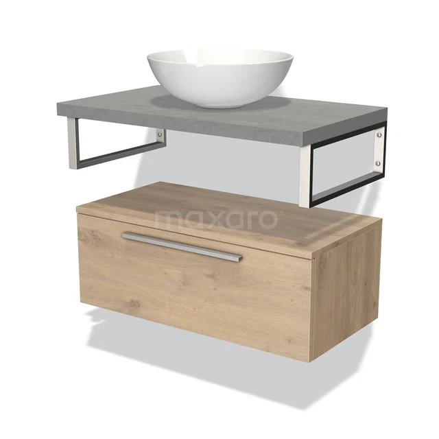 Holz Badezimmermöbel mit Grau Waschtischplatte und weißem Aufsatzbecken, modernes Design Stil mit metallischen Akzenten.