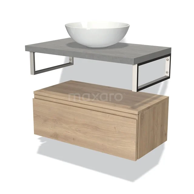 Houten badkamermeubel met grijze wastafelblad en witte waskom, modern design en metalen accenten.