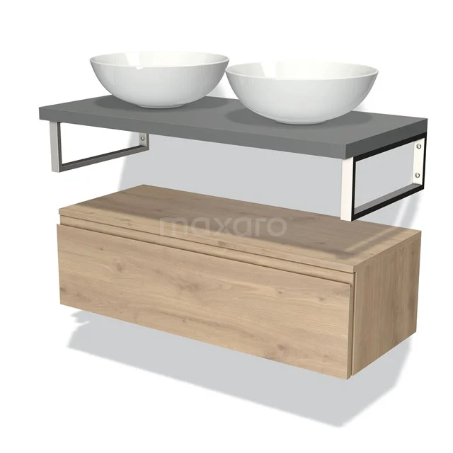 Houten badkamermeubel met grijze wastafelblad en dubbele witte waskommen, modern design met opbergruimte.
