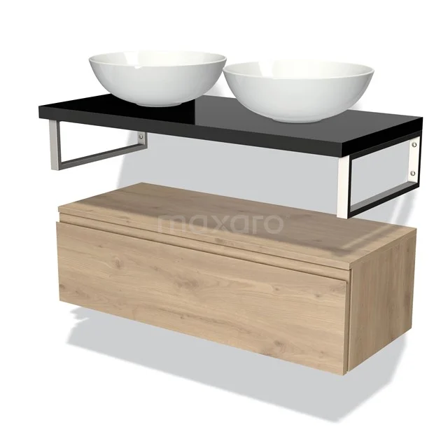 Houten badkamermeubel met zwart blad, dubbele witte waskommen en stalen accenten, modern ontwerp voor een stijlvolle badkamer.