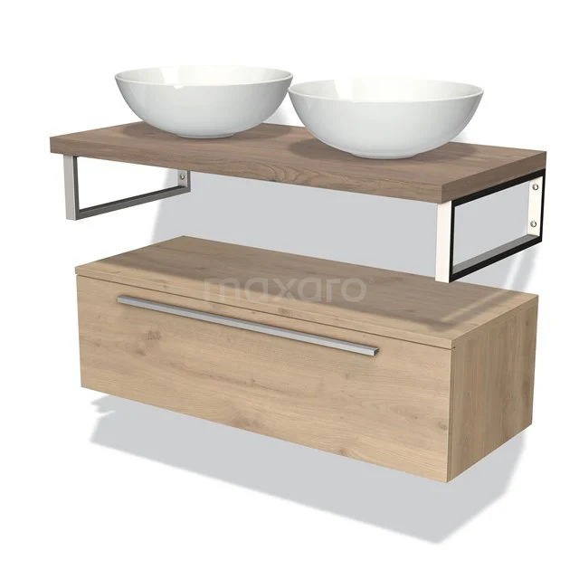 Modulo Plato Badmöbel mit Aufsatzwaschbecken | 100 cm Hellbraune Eiche Flach front Mittelbraune Eiche blatt Tief hängend BMK32-00733 Eichenholz Doppel-Badmöbel mit zwei weißen Aufsatzwaschbecken und metallischen Akzenten, modernes Design für das Badezimmer.