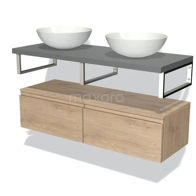 Houten badkamermeubel met dubbele wastafel, keramische kommen en grijze blad; minimalistisch design voor moderne badkamers.