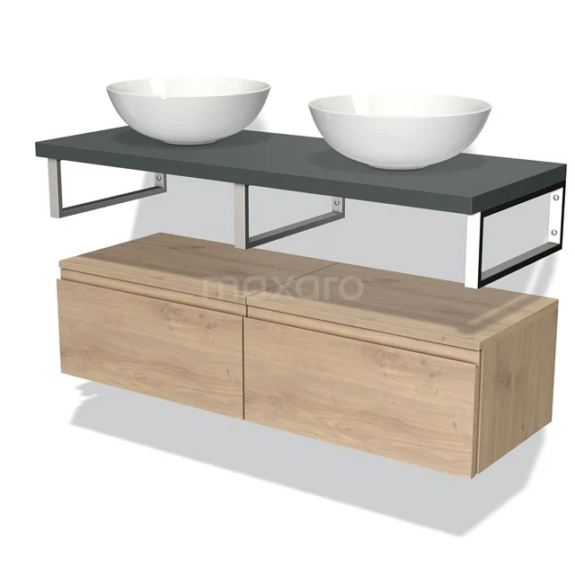 Moderne badkamermeubelset met houten onderkast, zwart blad en twee witte waskommen; strak design en ruime opbergruimte.