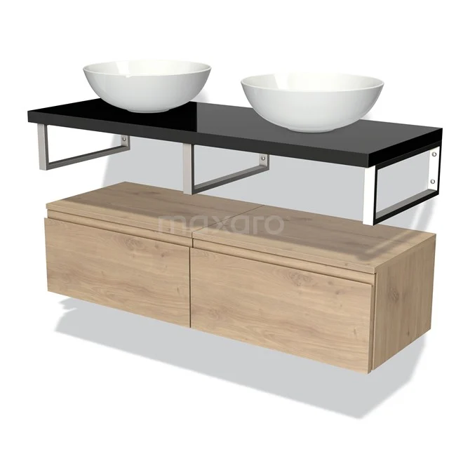 Dubbele wastafelset met zwarte plank, witte waskommen en houten onderkast, ideaal voor een moderne badkamerstijl.