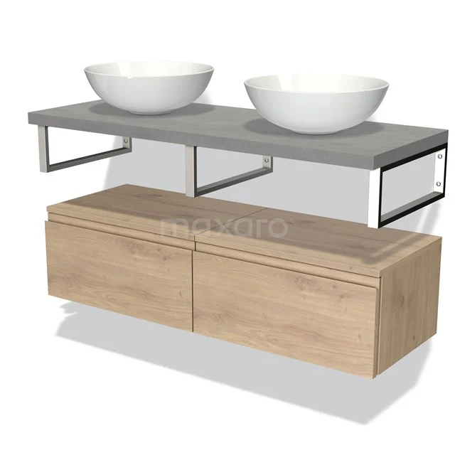 Doppelwaschbecken mit runden Schalen, graue Betonplatte und Holzunterbau; moderne Badmöbelset.
