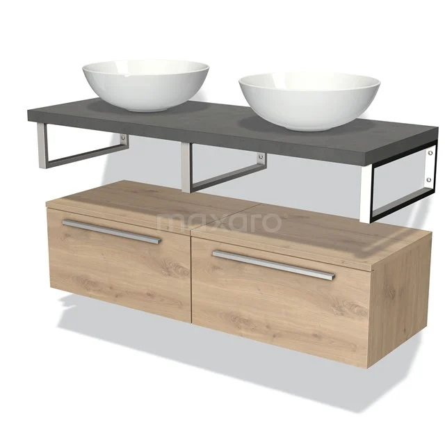 Modulo Plato Badmöbel mit Aufsatzwaschbecken | 120 cm Hellbraune Eiche Flach front Dunkelgrauer Beton blatt Tief hängend BMK32-00759 Badmöbelset mit Holzschubladen, Betonlook Waschtischplatte und zwei weißen Aufsatzwaschbecken, modernes Design für stilvolle Bäder.