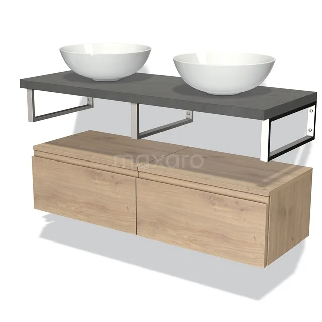 Houten badkamermeubel met moderne grijze wasbakken, zwevend design en strakke afwerking, ideaal voor een stijlvolle badkamer.