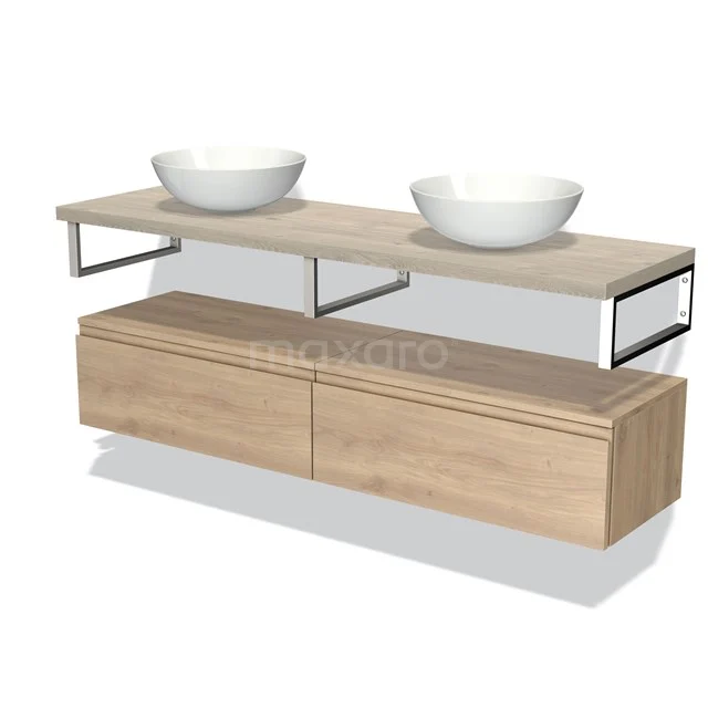 Holz Badezimmermöbel mit doppeltem Aufsatzwaschbecken, modernes Design, schwebend mit Metallrahmen und integrierten Schubladen.