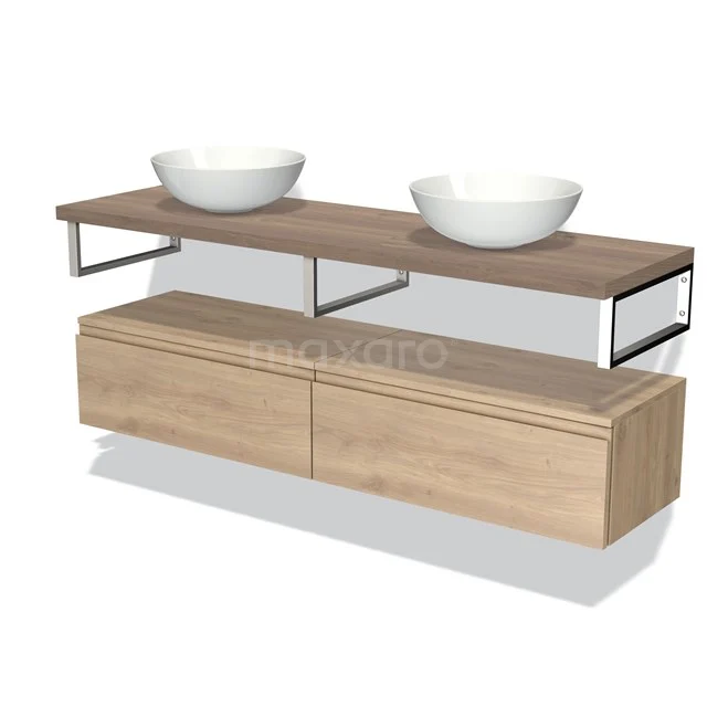 Hölzernes Badezimmermöbel mit zwei weißen Waschbecken, schlankem Design und modernem offenen Regal aus Metall.