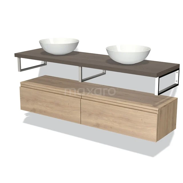 Houten badkamermeubel met dubbele wastafel, zwevend design, licht eiken onderkast en donker houten blad met metalen frame.