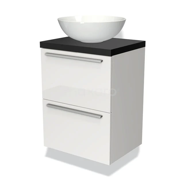 Modulo Plato Slim Vanity units for countertop basin | 50 cm High-gloss white Flat front Matte black worktop 2 Stacked drawers BMK37-00164