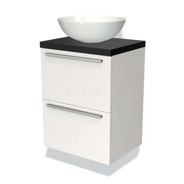 Badmöbel mit Konsole 50cm Modulo Plato Slim Matt Weiß 2 Schubladen Flach BMK37-00167 Weißes Badezimmermöbel mit schwarzer Oberplatte, keramischem Aufsatzwaschbecken und zwei Schubladen, ideal für moderne Badezimmerlagerung.