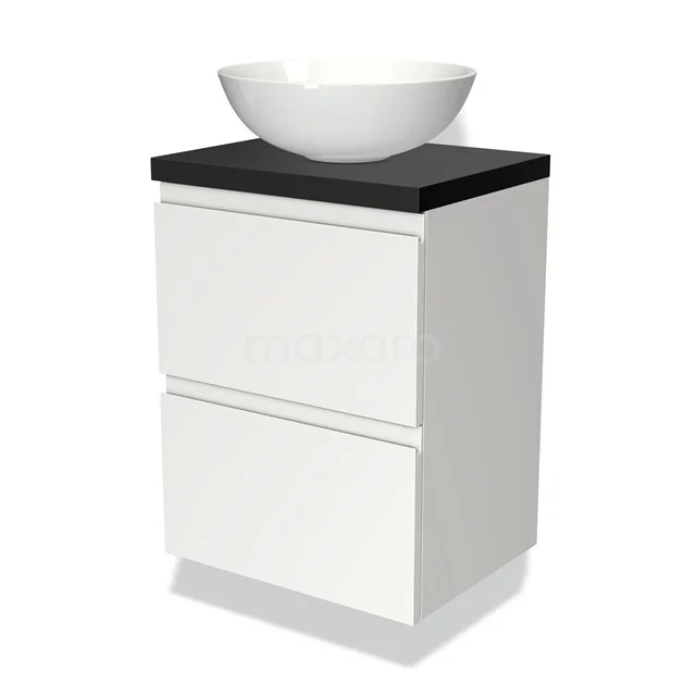 Weißes Badezimmermöbel mit schwarzer Waschtischplatte und runder Keramikschale, modernes Design, perfekt für ein stilvolles Badezimmer.