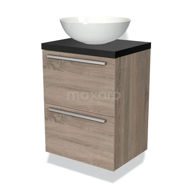 Hölzernes Badezimmermöbel mit schwarzer Platte, weißem Aufsatzwaschbecken und zwei Schubladen, modernes Design für stilvolle Bäder.