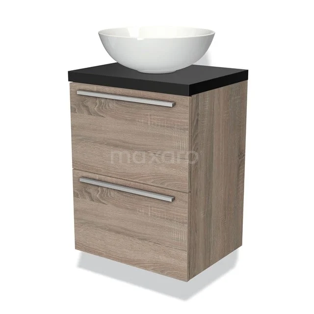 Hölzernes Badezimmermöbel mit schwarzer Platte, weißem Aufsatzwaschbecken und zwei Schubladen, modernes Design für stilvolle Bäder.