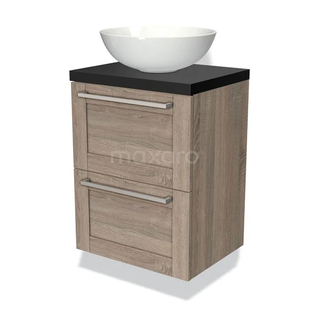 Wooden bathroom unit with modern basin worktop, black top and white bowl, perfect for a stylish bathroom design.