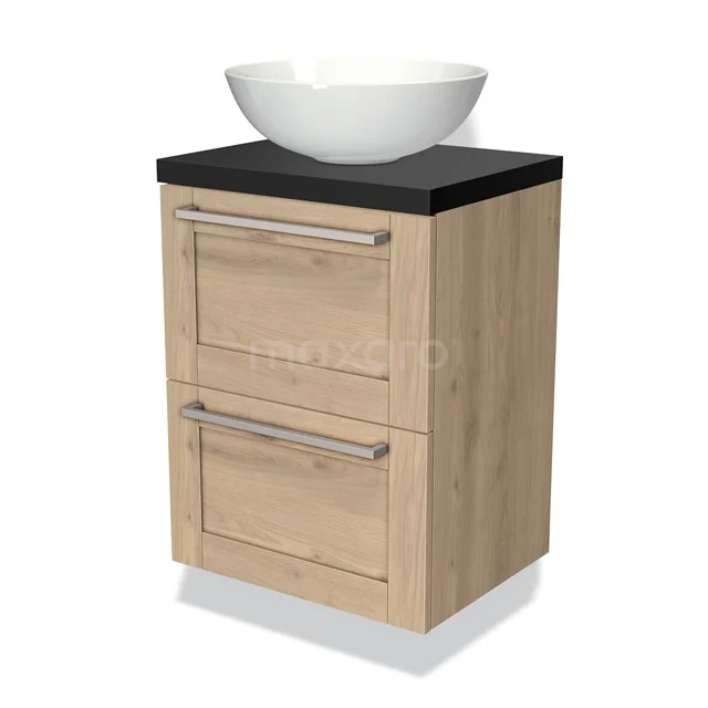 Wooden bathroom unit with black worktop and white bowl-shaped basin, compact design with two storage drawers.