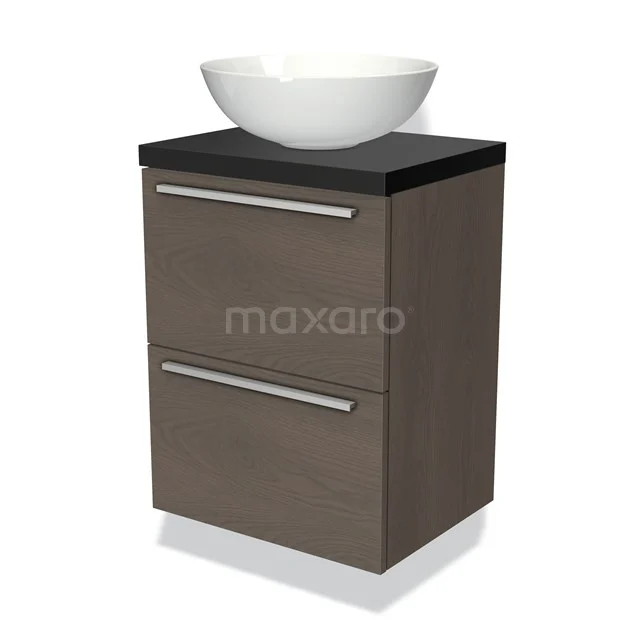 Holz Badezimmermöbel mit schwarzer Platte und weißem komförmigen Waschbecken; zwei Schubladen mit metallischen Haltegriffen.