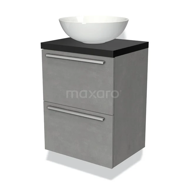 Graue Badmöbelset mit schwarzer Arbeitsplatte und weißem Waschbecken, modernes Design mit doppelten Schubladen.