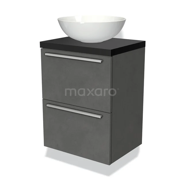 Grauer Badschrank mit zwei Schubladen, schwarzer Platte und weißem keramischen Waschbecken, modernes Design.