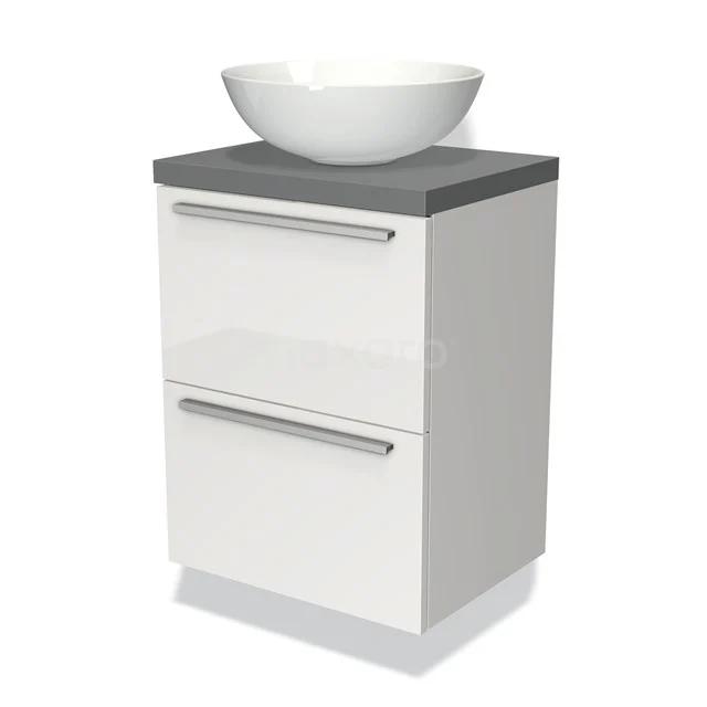 Weißes Badezimmermöbel mit grauer Platte und keramischem Waschbecken, modernes Design mit zwei Schubladen für optimalen Stauraum.