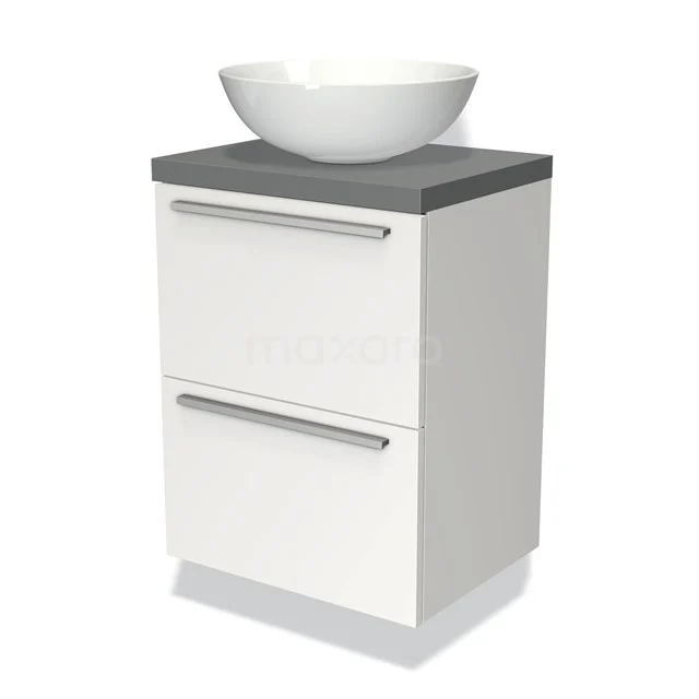 Kompakte weiße Badmöbelset mit grauer Platte und rundem Aufsatzwaschbecken, ideal für moderne Bäder.