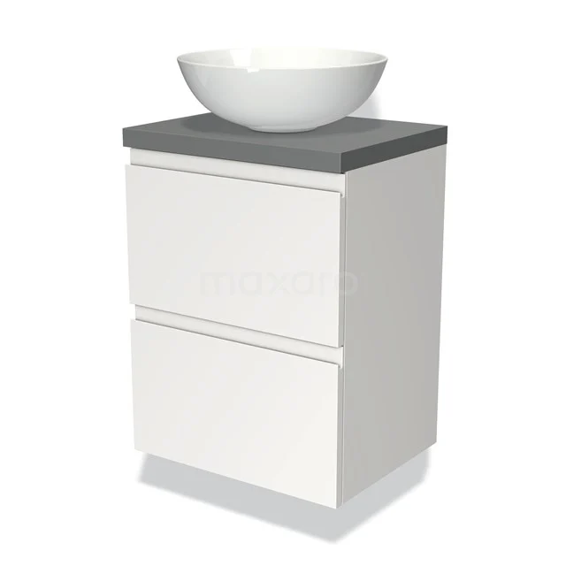 Badmöbel mit Konsole 50cm Modulo Plato Slim Matt Weiß 2 Schubladen Grifflos BMK37-00198 Weißes Badezimmermöbel mit grauer Platte, keramischem Aufsatzwaschbecken und zwei Schubladen, modernes Design für stilvolle Badezimmerlagerung.