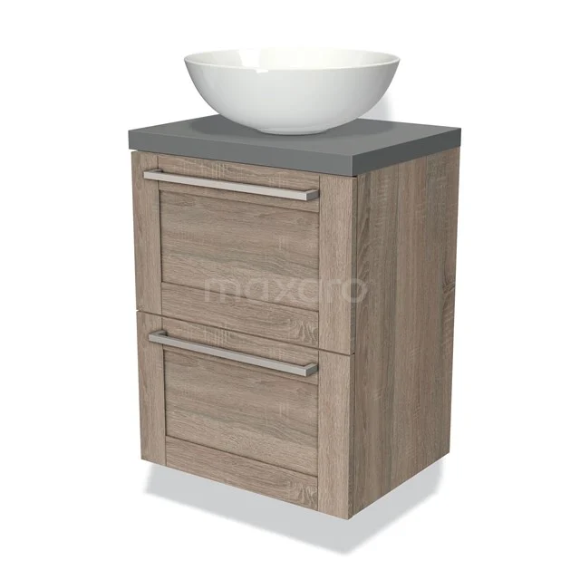 Badmöbelunterschrank mit Konsole 50cm Modulo Plato Slim Eiche 2 Schubladen Rahmen BMK37-00206 Hölzernes Badezimmermöbel mit grauer Waschtischplatte und weißem, schalenförmigem Waschbecken, ideal für moderne Badezimmergestaltung.