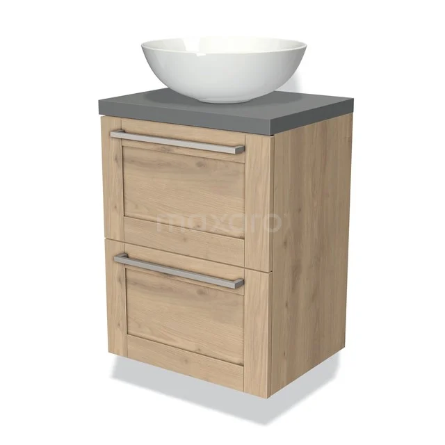 Wooden bathroom unit with grey top plate, porcelain countertop wash basin and 2 drawers, modern look for a stylish bathroom.